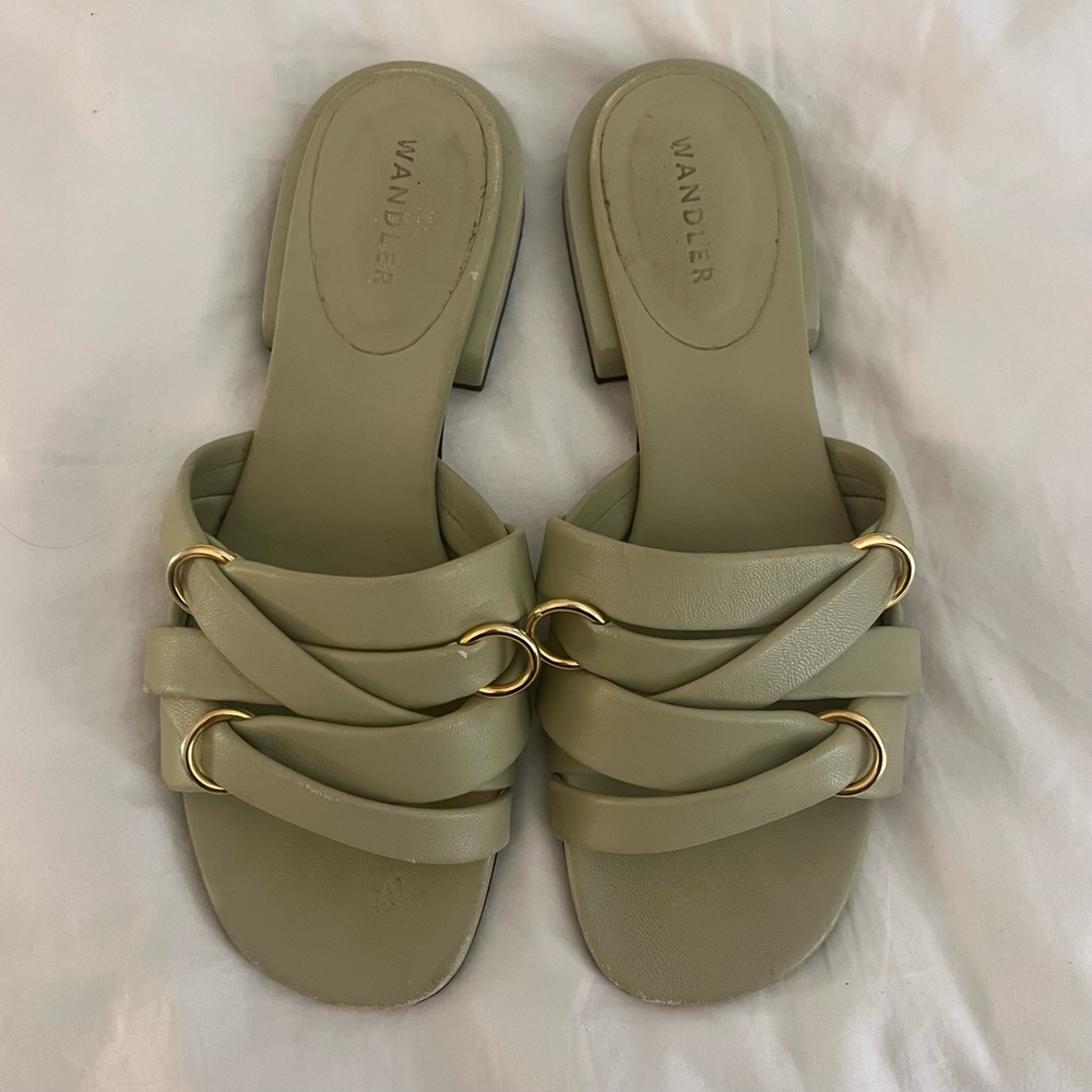 Wandler Sage Green Leather Slide Mules with Gold Rings